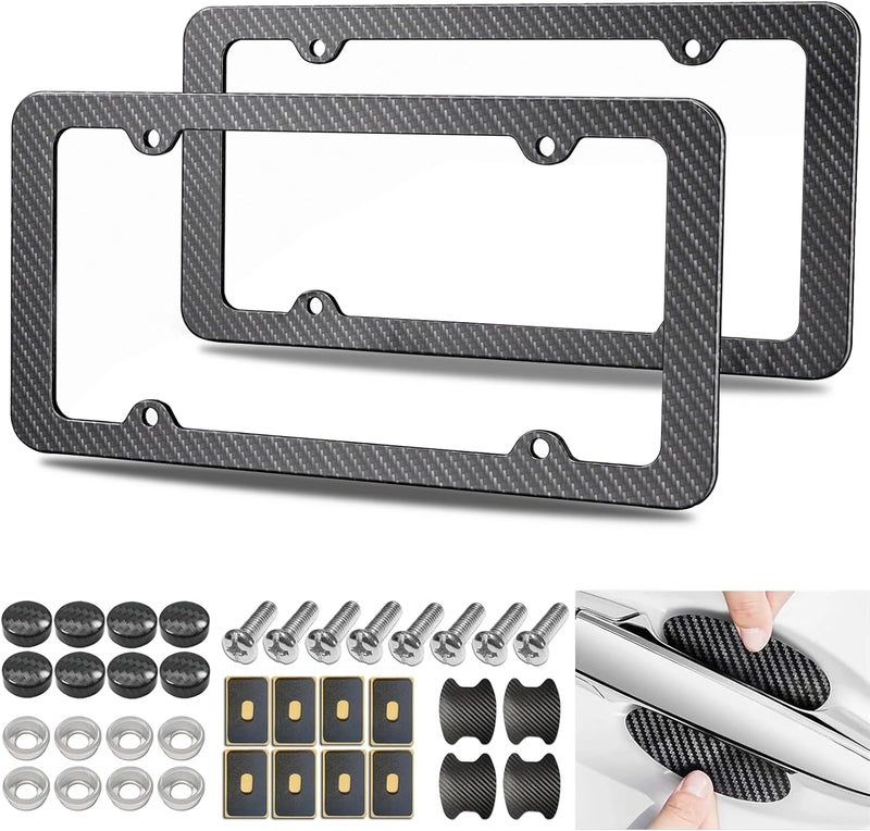 FBJTDQ Carbon Fiber License Plate Frames- Black Plastic Car Tag Holder, 2 Pack 4 Hole Slim Edge Front Rear Bracket with Screw Caps and Car Door Handle Stickers - Image 1
